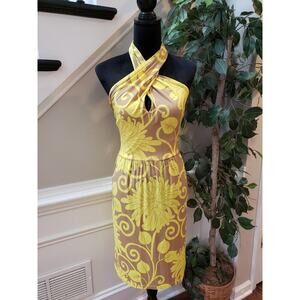 Muse Sheath Dress Women's 12 Yellow Brown Floral Stretch Pleated Helter Neck